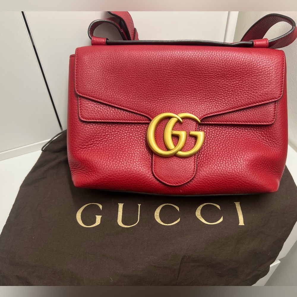 Authenticated GUCCI GG Red Marmont Leather Shoulder Bag